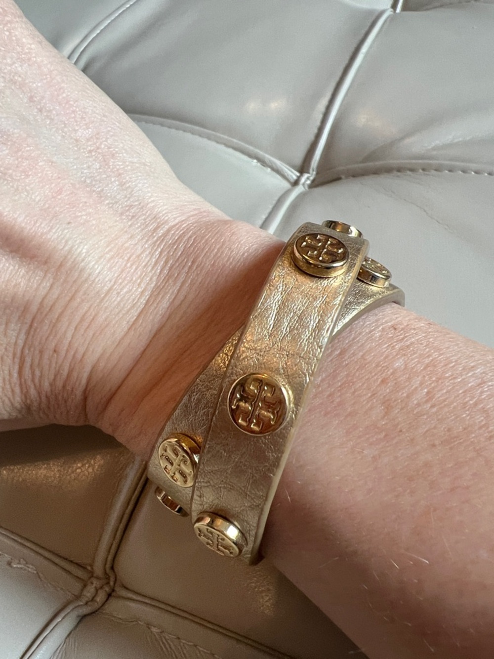 Tory Burch Metallic Gold Double-Wrap Logo Stud Bracelet